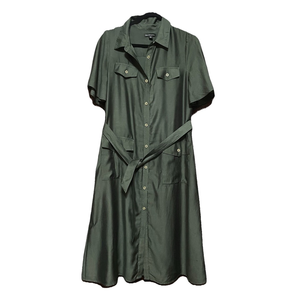 Saks Fifth‎ Avenue Button Front Shirt Green Midi Dress Size S Office